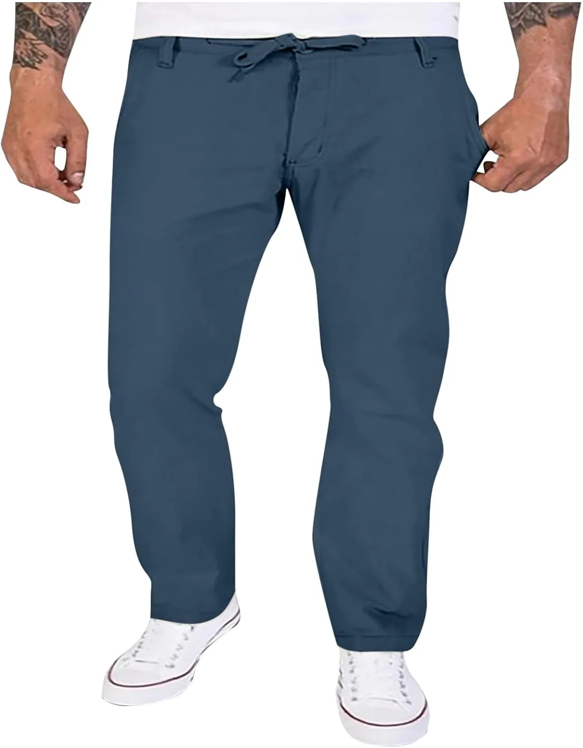 Lmdudan Men's Drawstring Loose Linen Beach Pants Lightweight Elastic Waist Yoga Lounge Straight Leg Trousers with Pockets
