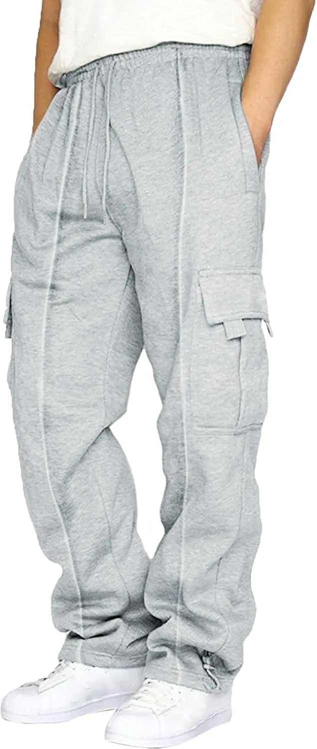 Mens Cargo Sweatpants Baggy Outdoor Work Cargo Pants with Pockets Oversized Wide Leg Open Bottom Sweatpants