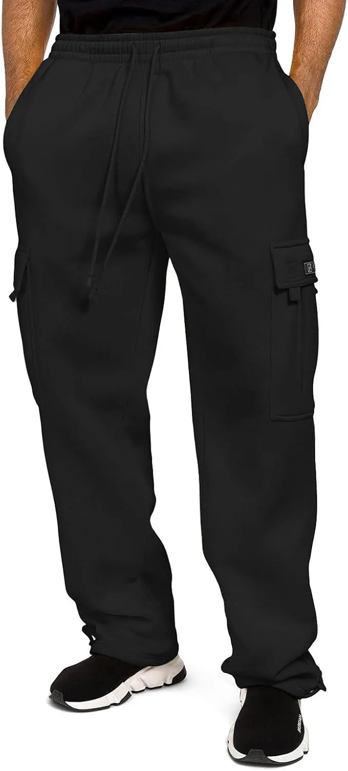 Mens Casual Fleece Cargo Sweatpants Athletic Trousers Elastic Cotton Jogger Straight Leg Pants with Pockets