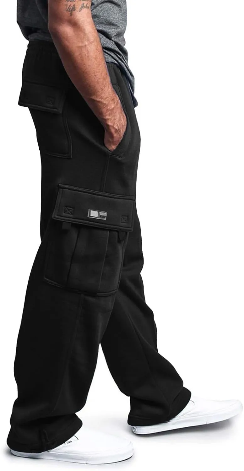 Mens Casual Fleece Cargo Sweatpants Athletic Trousers Elastic Cotton Jogger Straight Leg Pants with Pockets
