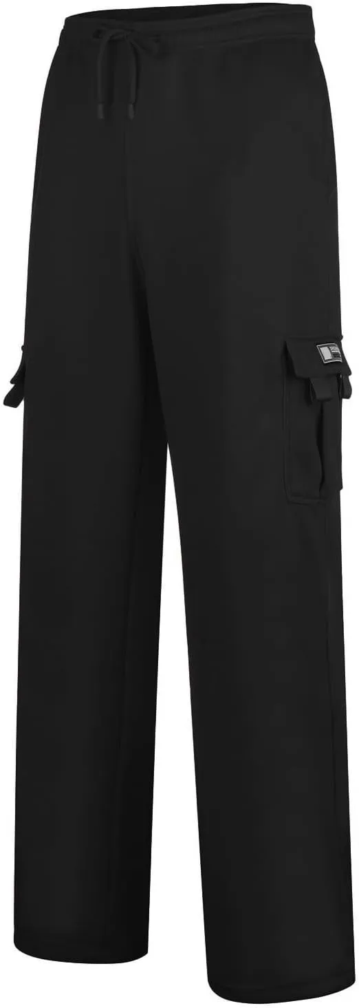 Mens Casual Fleece Cargo Sweatpants Athletic Trousers Elastic Cotton Jogger Straight Leg Pants with Pockets
