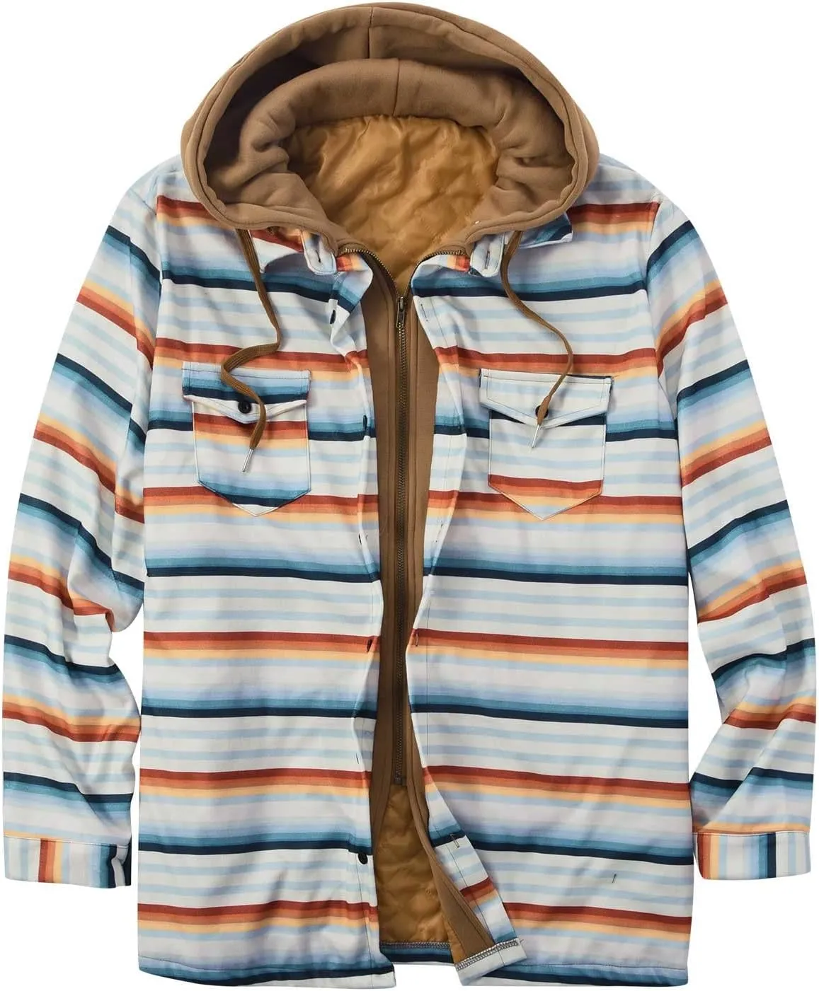 Men's Thicken Plaid Hooded Shirt Jacket with Quilted Lined Zipper Casual Drawstring Classic Patchwork Coat Tops Pockets