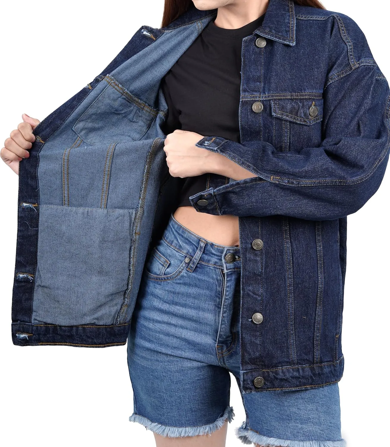 Oversized Jean Jacket for Women - Casual Trendy Fashion Denim Blue and Black Jean Jacket Women