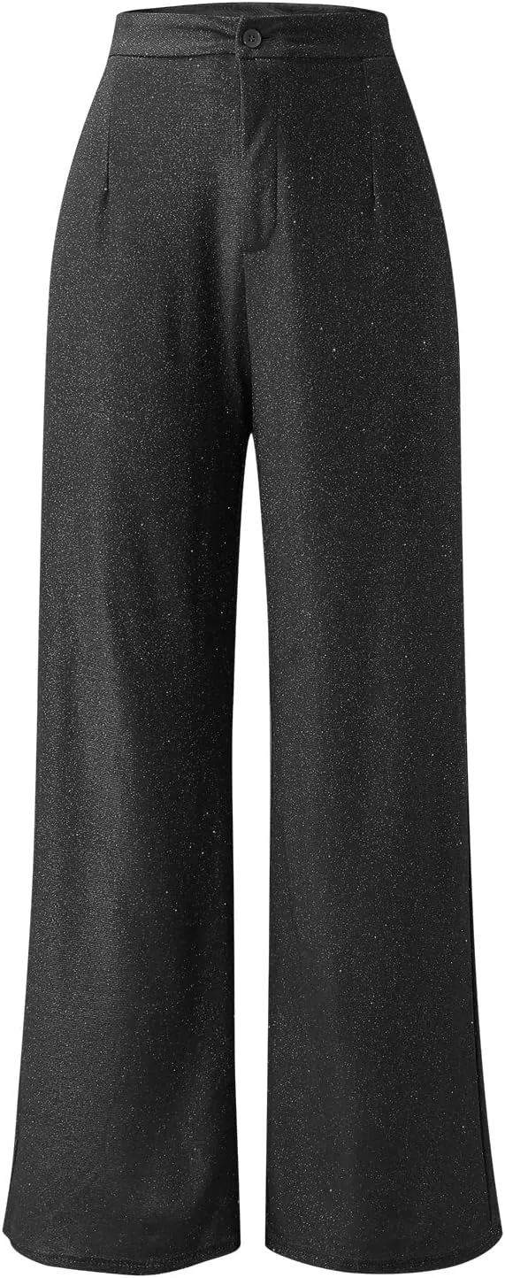 Rvidbe Sequin Pants Women,Fashion Solid Color Shimmer High Waist Button Wide Leg Trousers Elegant Straight Leg Baggy Trousers