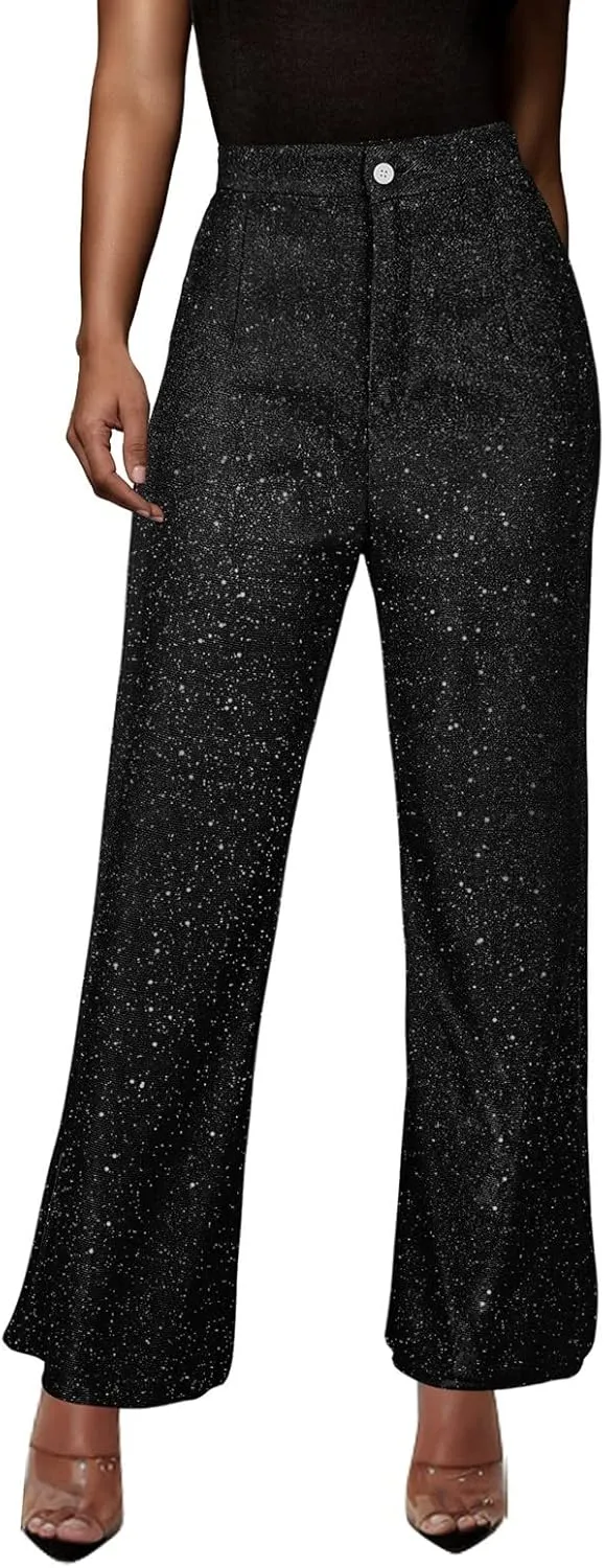 Rvidbe Sequin Pants Women,Fashion Solid Color Shimmer High Waist Button Wide Leg Trousers Elegant Straight Leg Baggy Trousers
