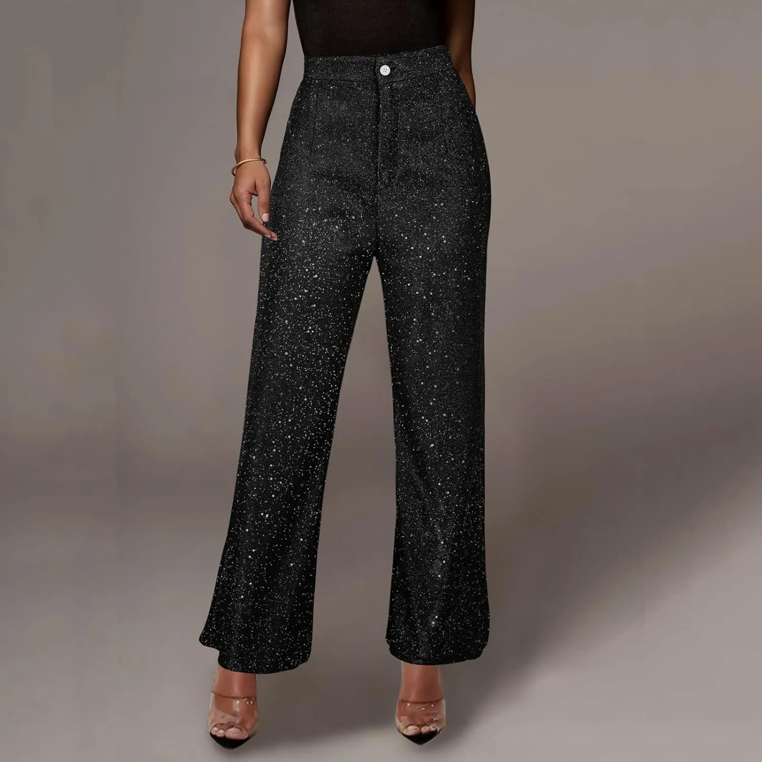 Rvidbe Sequin Pants Women,Fashion Solid Color Shimmer High Waist Button Wide Leg Trousers Elegant Straight Leg Baggy Trousers