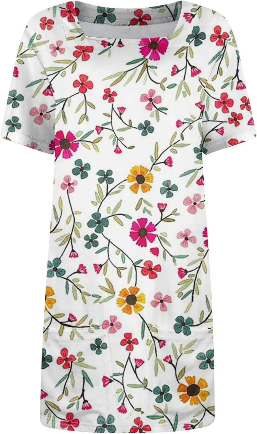 Short Sleeve Dress for Women 2025 Trendy Square Neck Summer Dress Plus Size T Shirt Dress Mini Sundress with Pockets