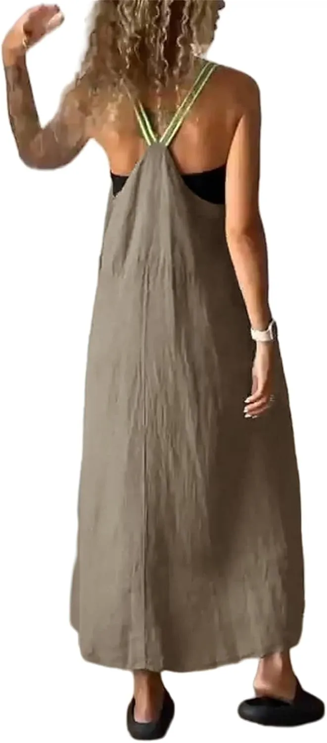 Spaghetti Strap Linen Dresses for Women Summer Casual Sleeveless Loose Dress Flowy Beach Lightweight Maxi Long Dress