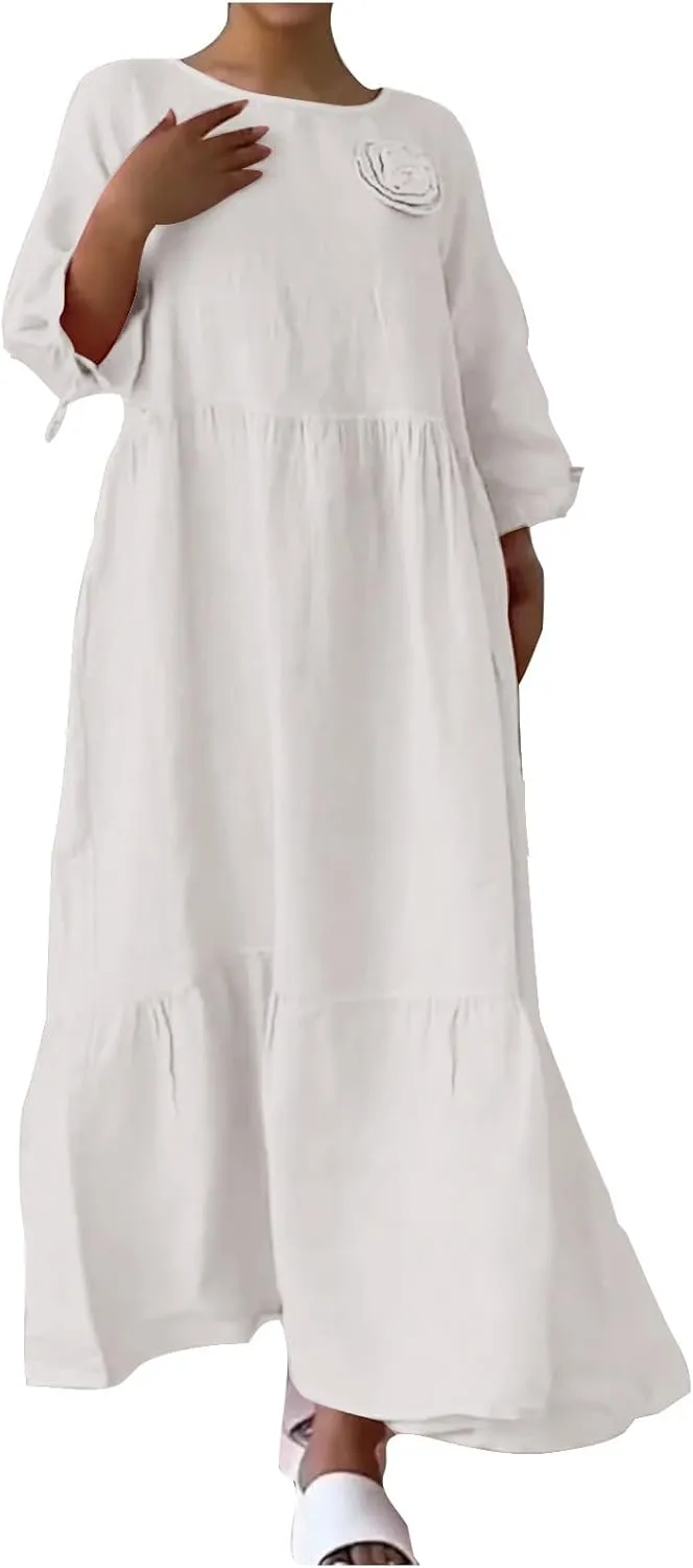 Summer Dress 2025 for Women Spring Short Sleeve Cotton Linen Sundress Plus Size Beach A Line Casual Dresses