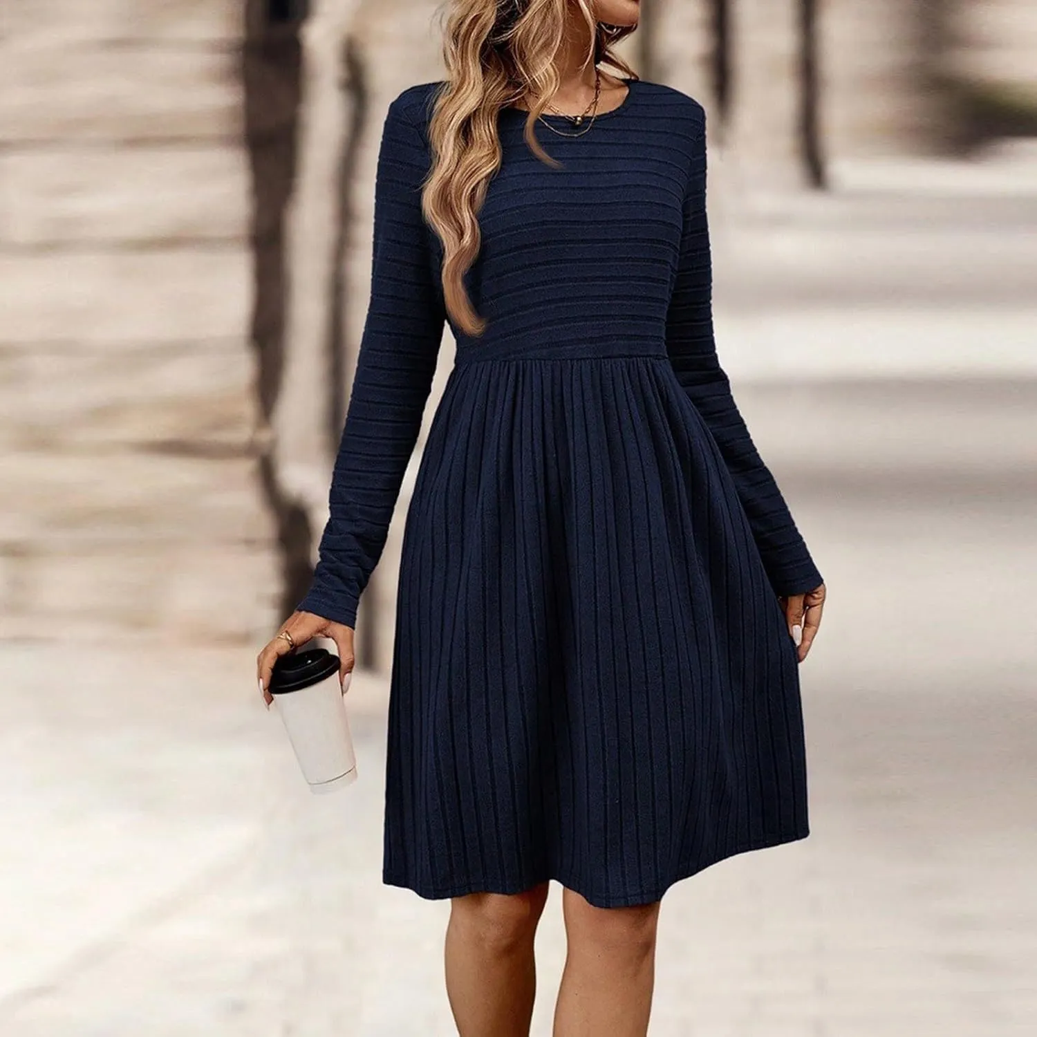 Tea Party Dresses for Woman Petite Classy Long Sleeve Elastic Waist Spring Wedding Guest Dress Homecoming Sweater Sundress