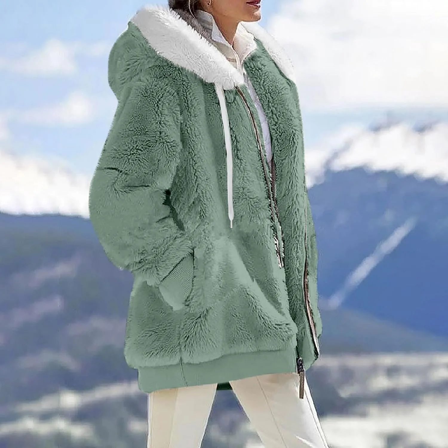 Winter Jackets for Women Full Zip Up Fuzzy Fleece Jacket Hooded Color Block Patchwork Cardigan Coats with Pockets