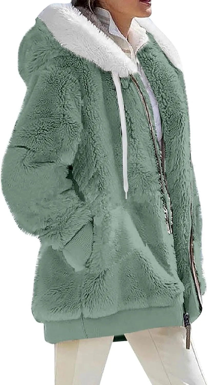 Winter Jackets for Women Full Zip Up Fuzzy Fleece Jacket Hooded Color Block Patchwork Cardigan Coats with Pockets