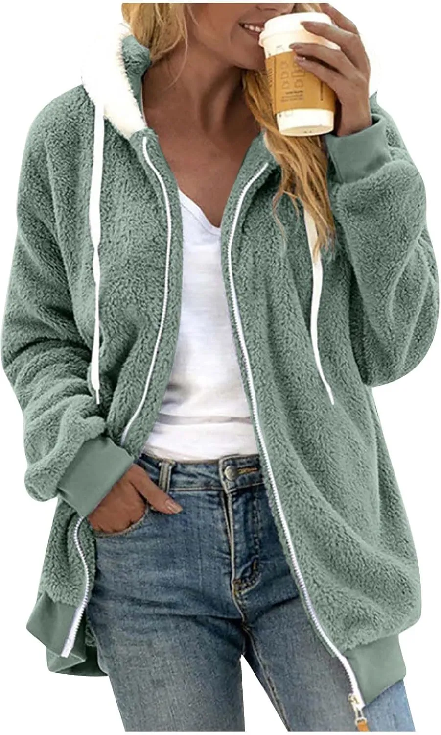 Winter Jackets for Women Full Zip Up Fuzzy Fleece Jacket Hooded Color Block Patchwork Cardigan Coats with Pockets