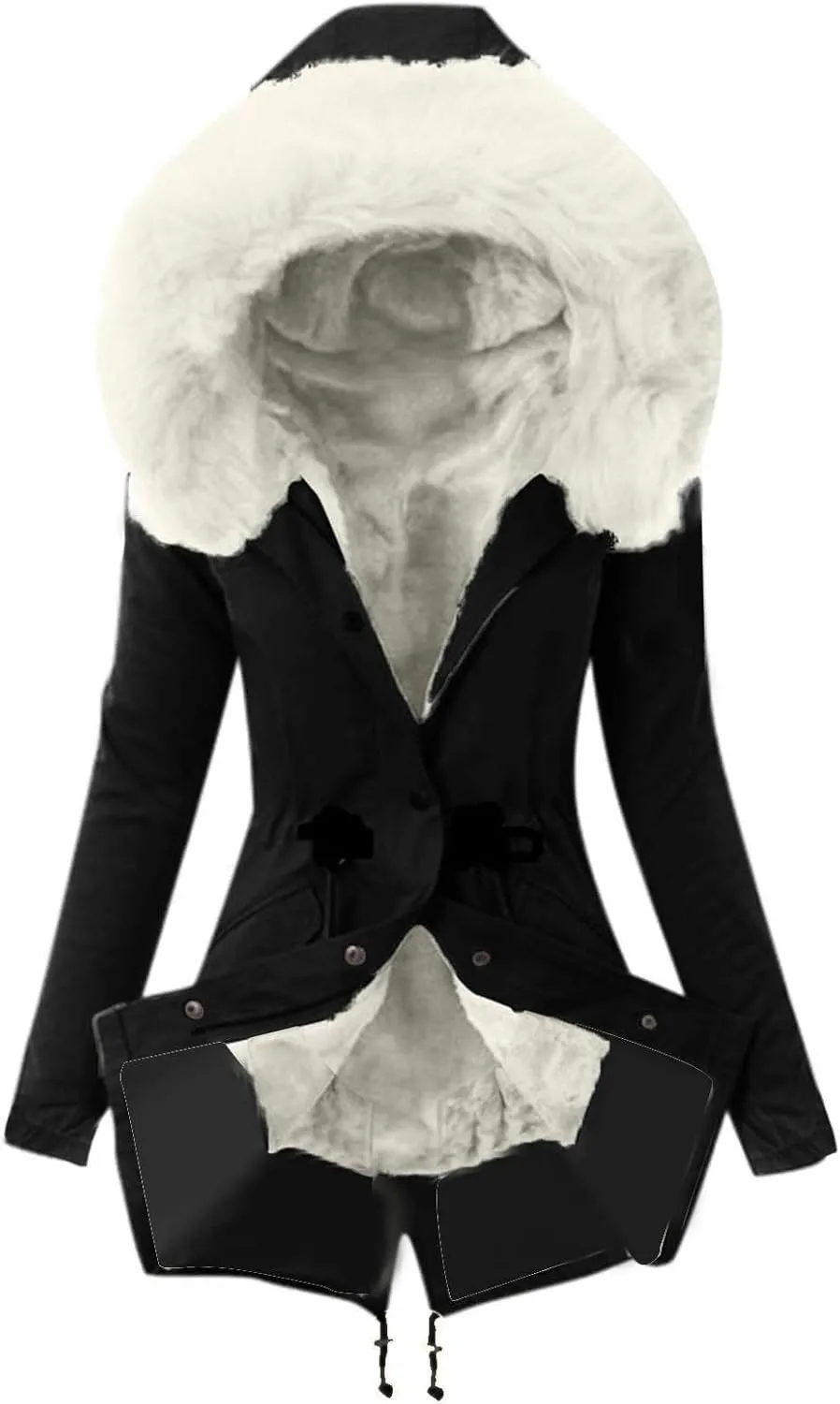 Wkishenl Women's Winter Sherpa Lined Coats Long Sleeve Zip Up Jackets Solid Color Mid Long Parka Coat with Faux Fur Hooded