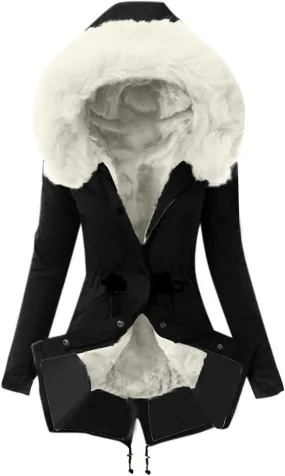 Wkishenl Women's Winter Sherpa Lined Coats Long Sleeve Zip Up Jackets Solid Color Mid Long Parka Coat with Faux Fur Hooded