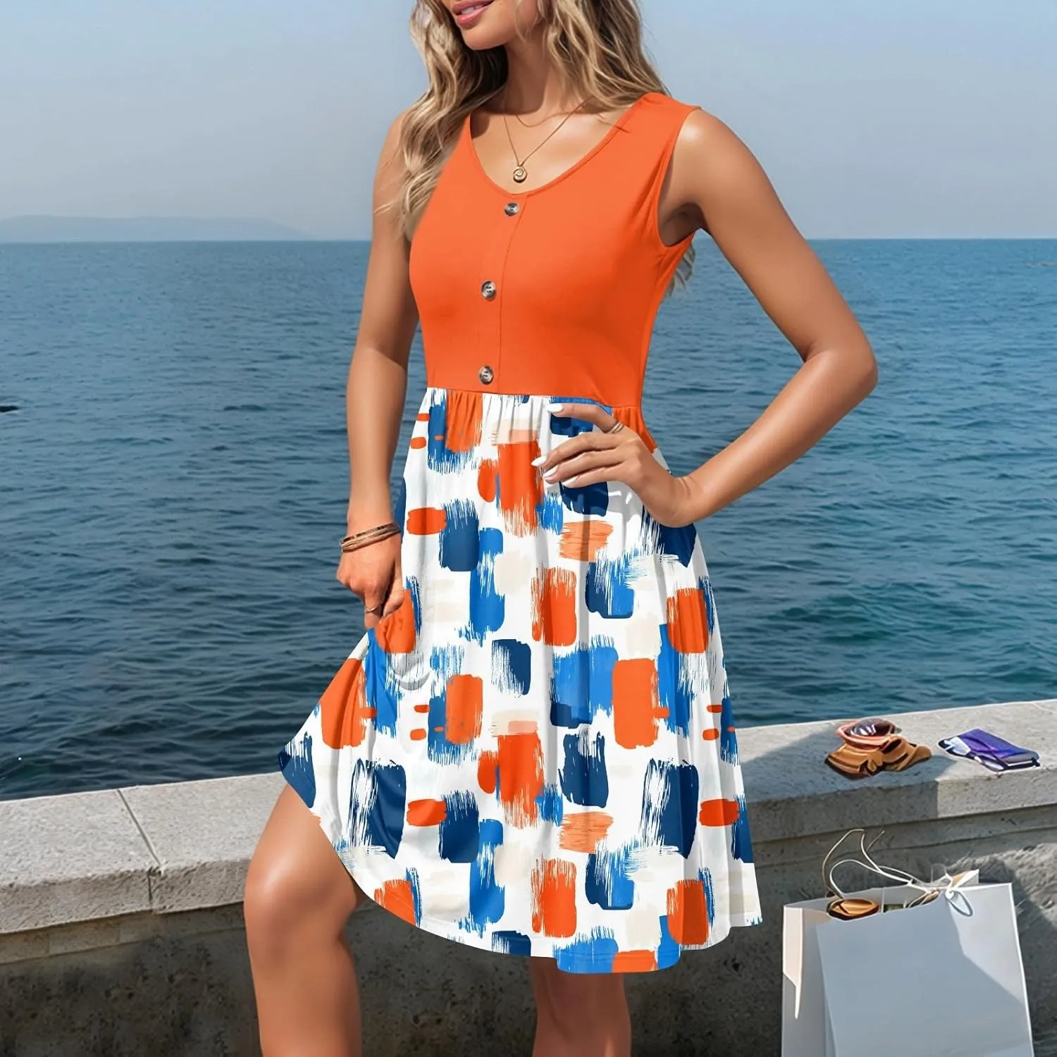 Women Summer Dresses 2025 Beach Vacation Tank Dress Casual Loose Swing Button Down Sleeveless Midi Sundress with Pockets