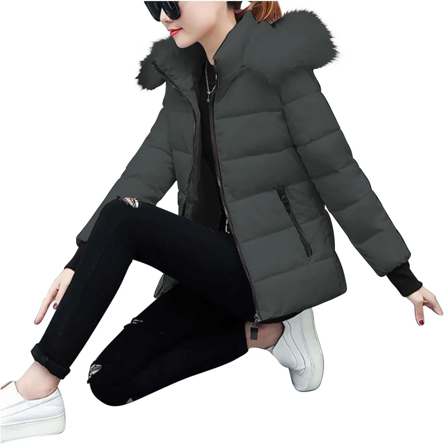Women Winter Long Puffer Coat Warm Thicken Coats down Jacket Long Snow Parka Jacket with Removable Faux Fur Trim Hood