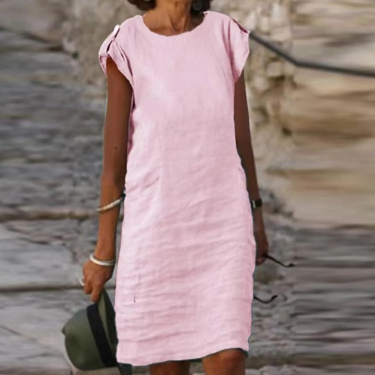 Womens Casual Crew Neck Sleeveless Sleeve Cotton Linen T Shirt Mini Dress Work Elegant Vacation Travel Beach Dresses