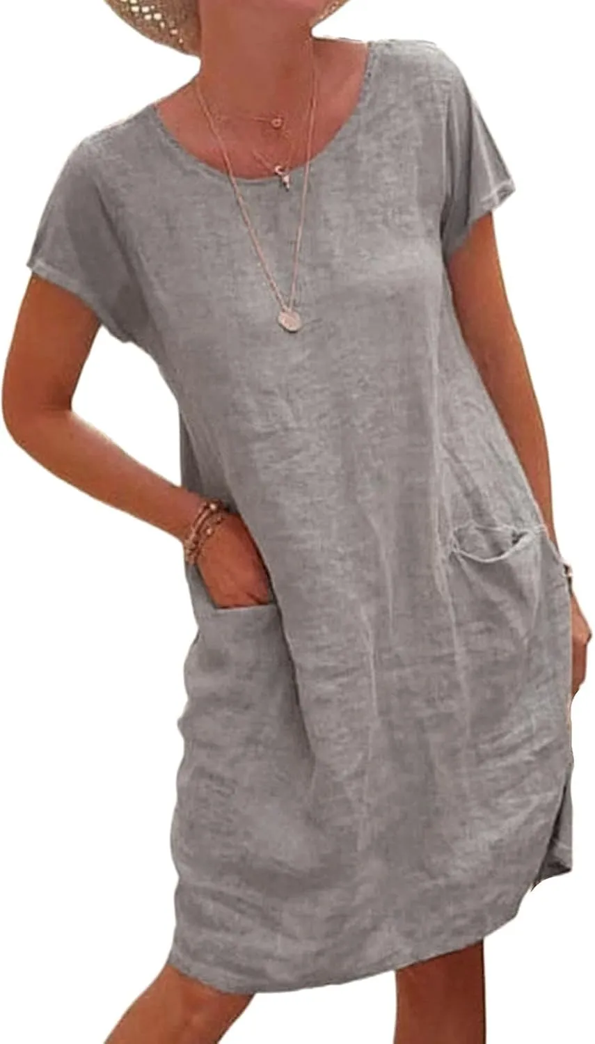 Womens Casual Summer Linen T Shirt Round Neck Dress Swimsuit Loose Cover Up Short Sleeve Tunic Dresses with Pocket