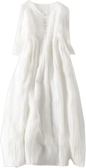 Women's Cotton Linen Gauze Long Dress Summer High Waist Flowy Midi Dress Half Sleeve Button Down Swing Dresses