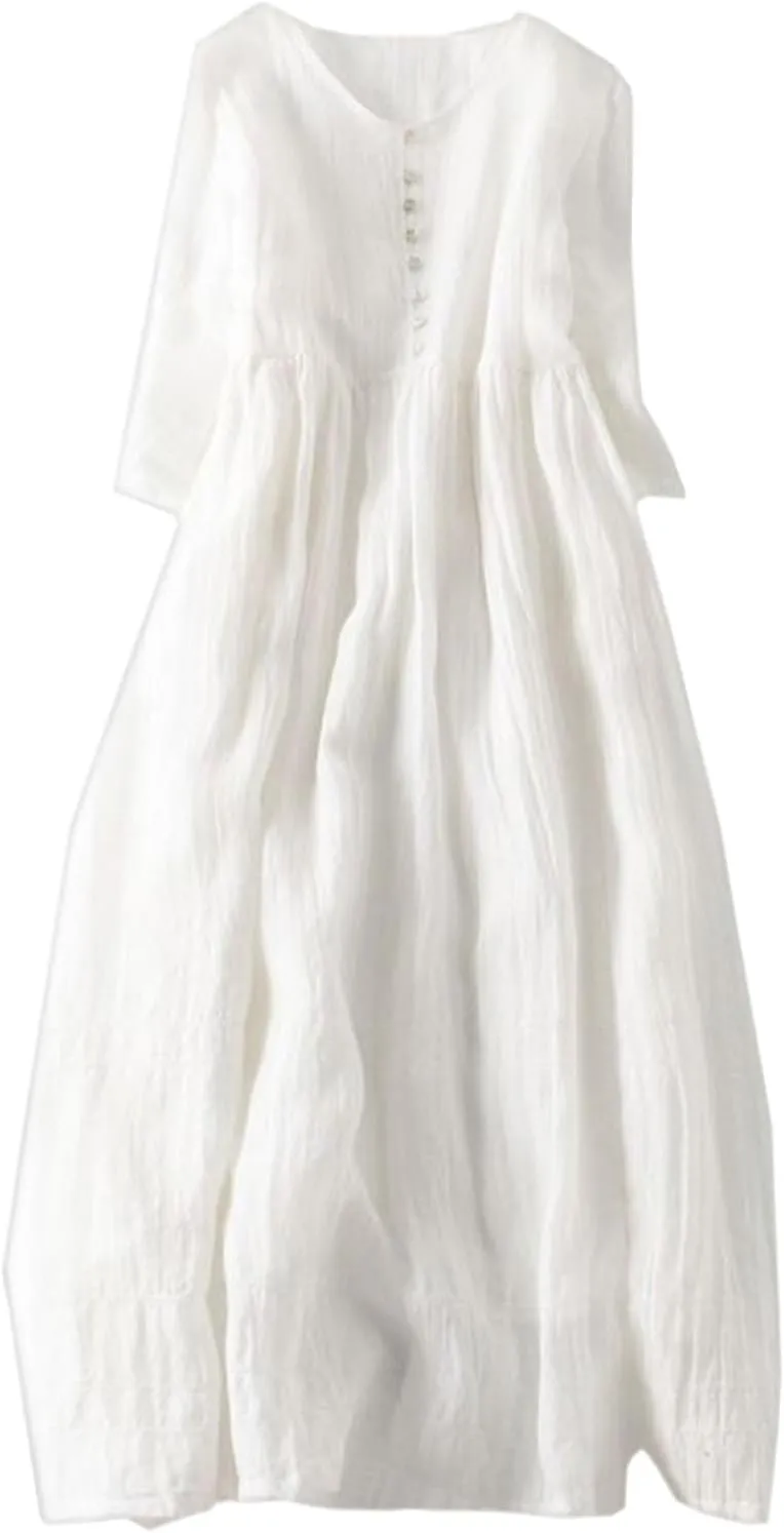 Women's Cotton Linen Gauze Long Dress Summer High Waist Flowy Midi Dress Half Sleeve Button Down Swing Dresses