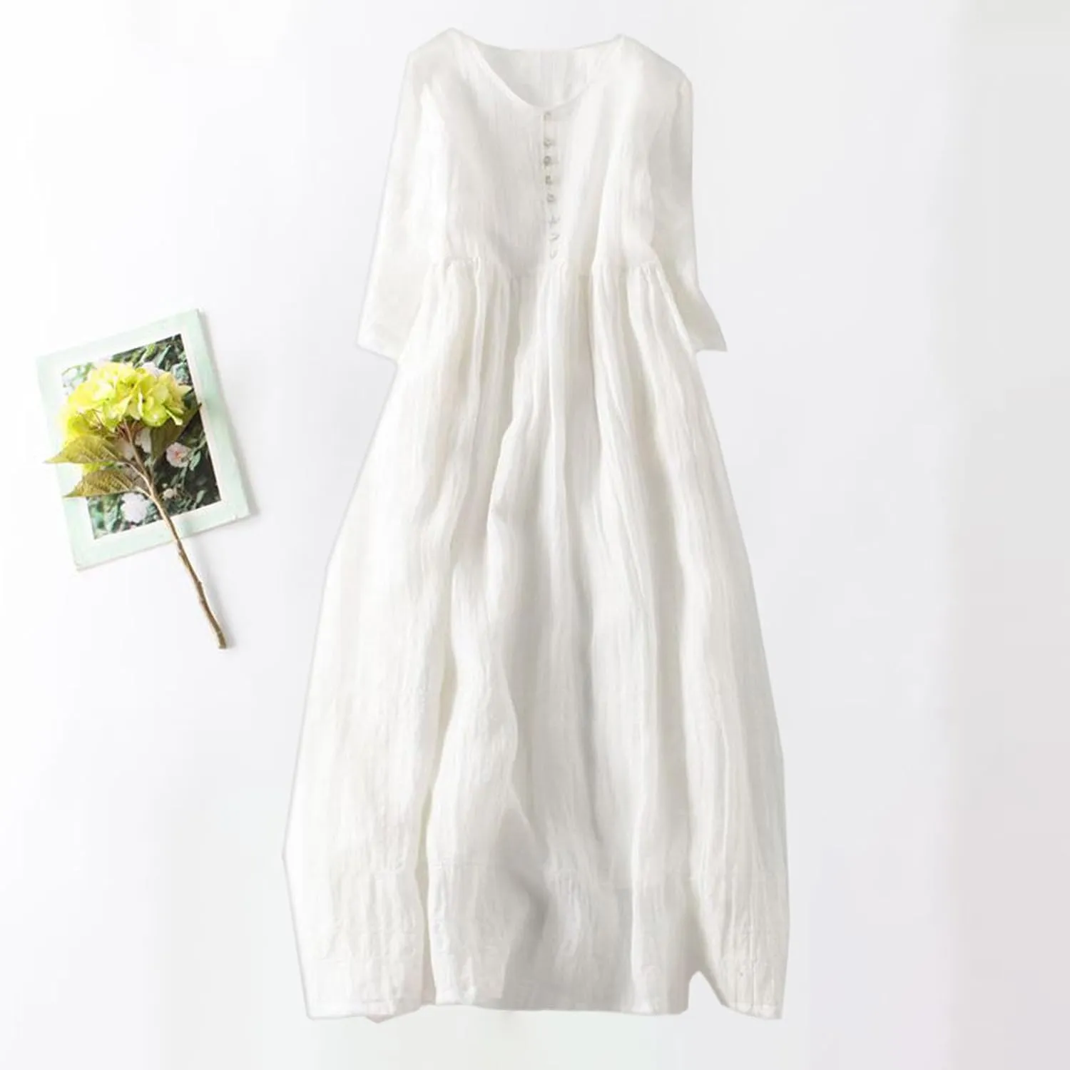 Women's Cotton Linen Gauze Long Dress Summer High Waist Flowy Midi Dress Half Sleeve Button Down Swing Dresses