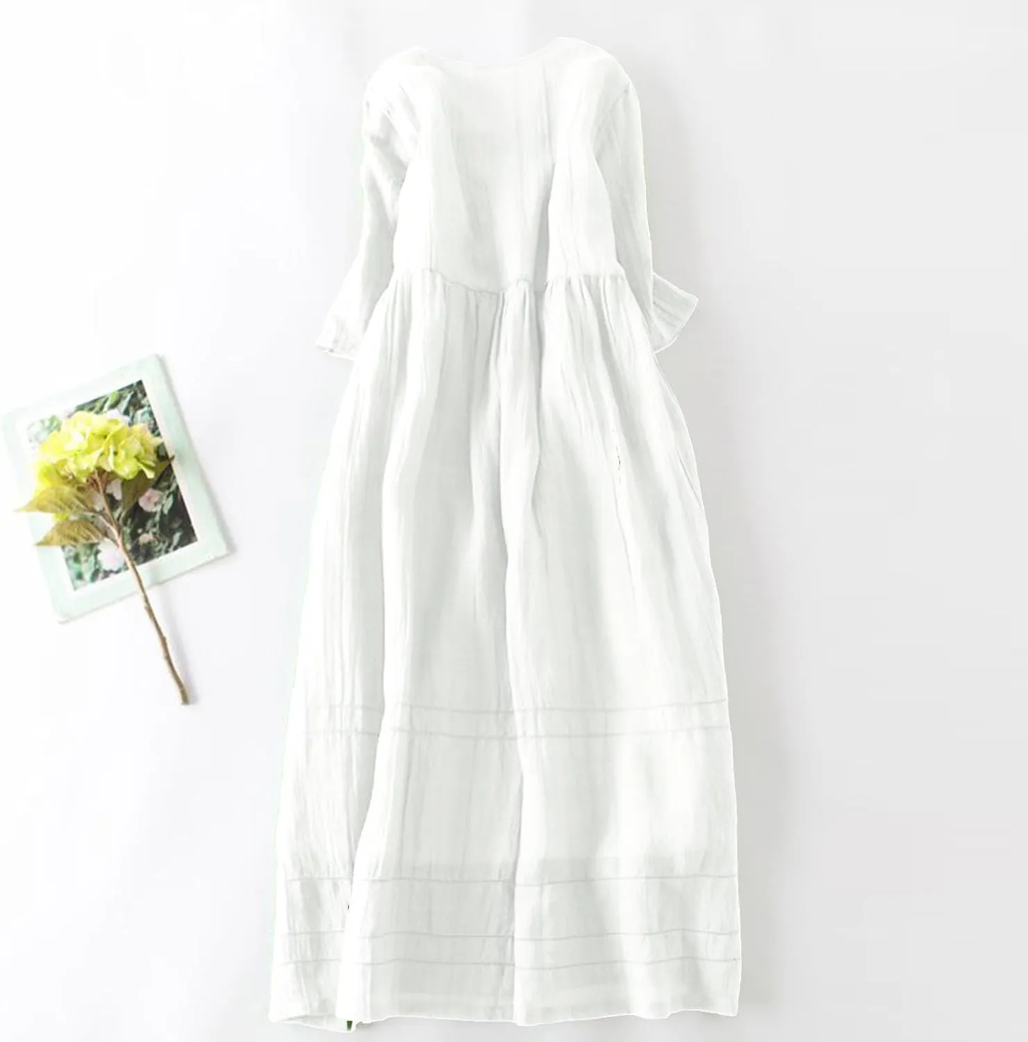 Women's Cotton Linen Gauze Long Dress Summer High Waist Flowy Midi Dress Half Sleeve Button Down Swing Dresses