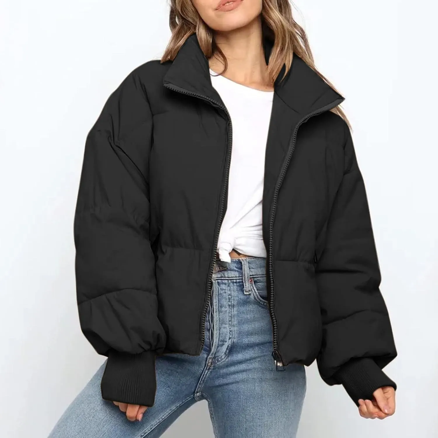 Women's Down Puffer Jacket with Hood Lightweight Thermal Quilted Coat with Pockets Zip-up Winter Warm Jacket XS-L