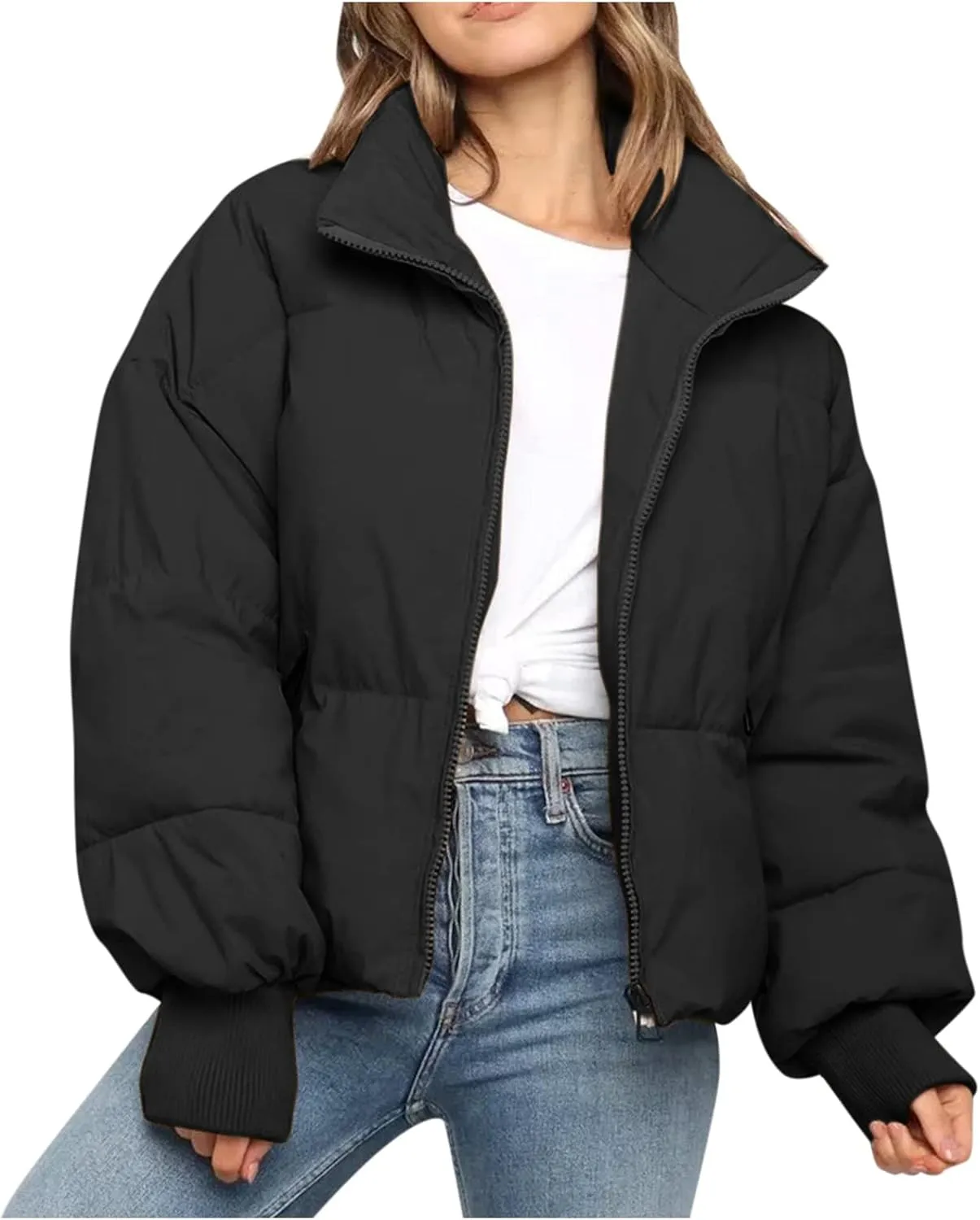 Women's Down Puffer Jacket with Hood Lightweight Thermal Quilted Coat with Pockets Zip-up Winter Warm Jacket XS-L
