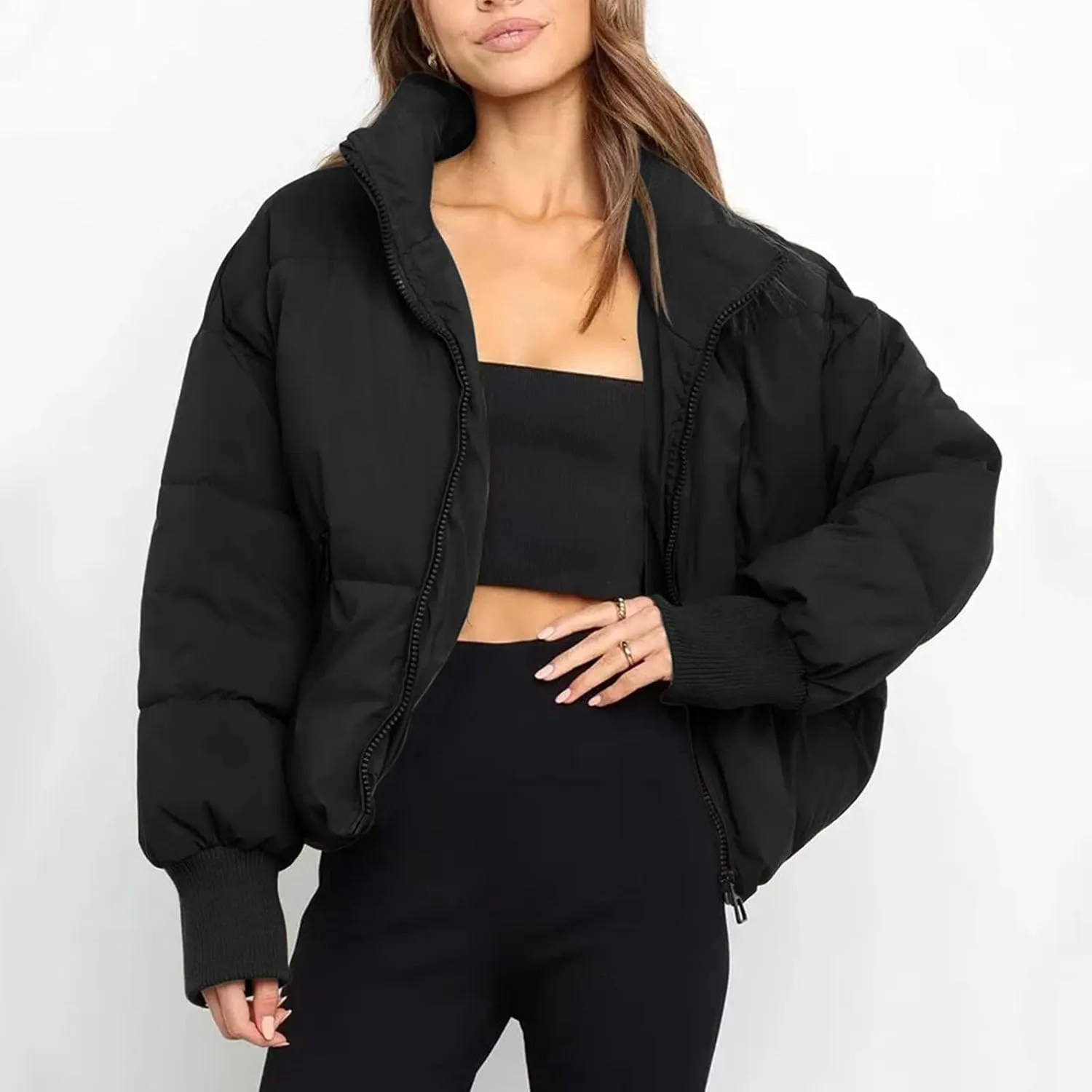 Women's Down Puffer Jacket with Hood Lightweight Thermal Quilted Coat with Pockets Zip-up Winter Warm Jacket XS-L