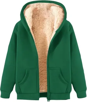 Womens Fleece Jacket Plus Size Fleece Lined Hoodie Winter Warm Sherpa Lined Sweatshirts Full Zip Up Jackets Coats