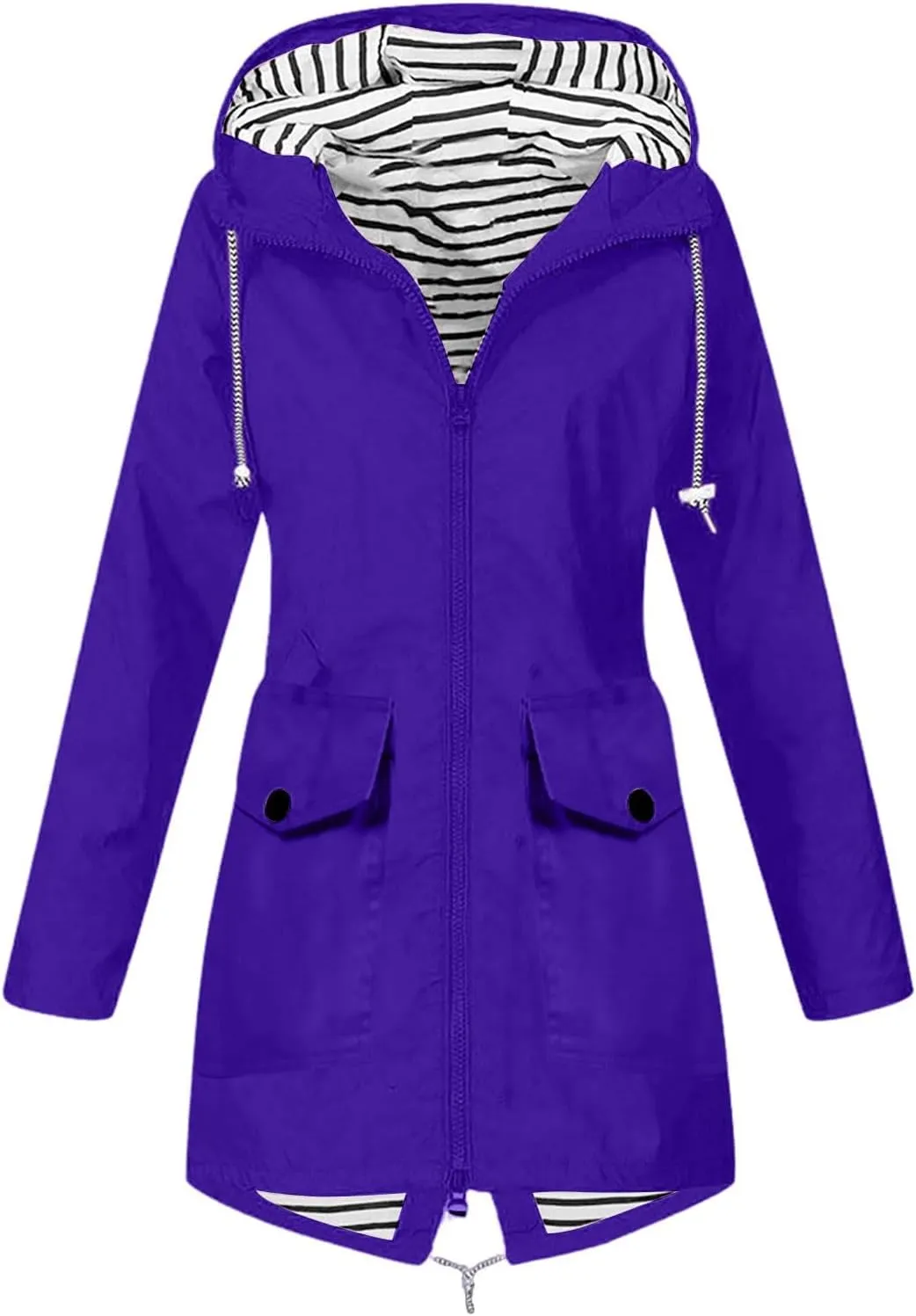 Womens Jackets Long Sleeve Mid-Length Full Zip Casual Hooded Jacket Waterproof Windproof Outdoor Coats with Pockets
