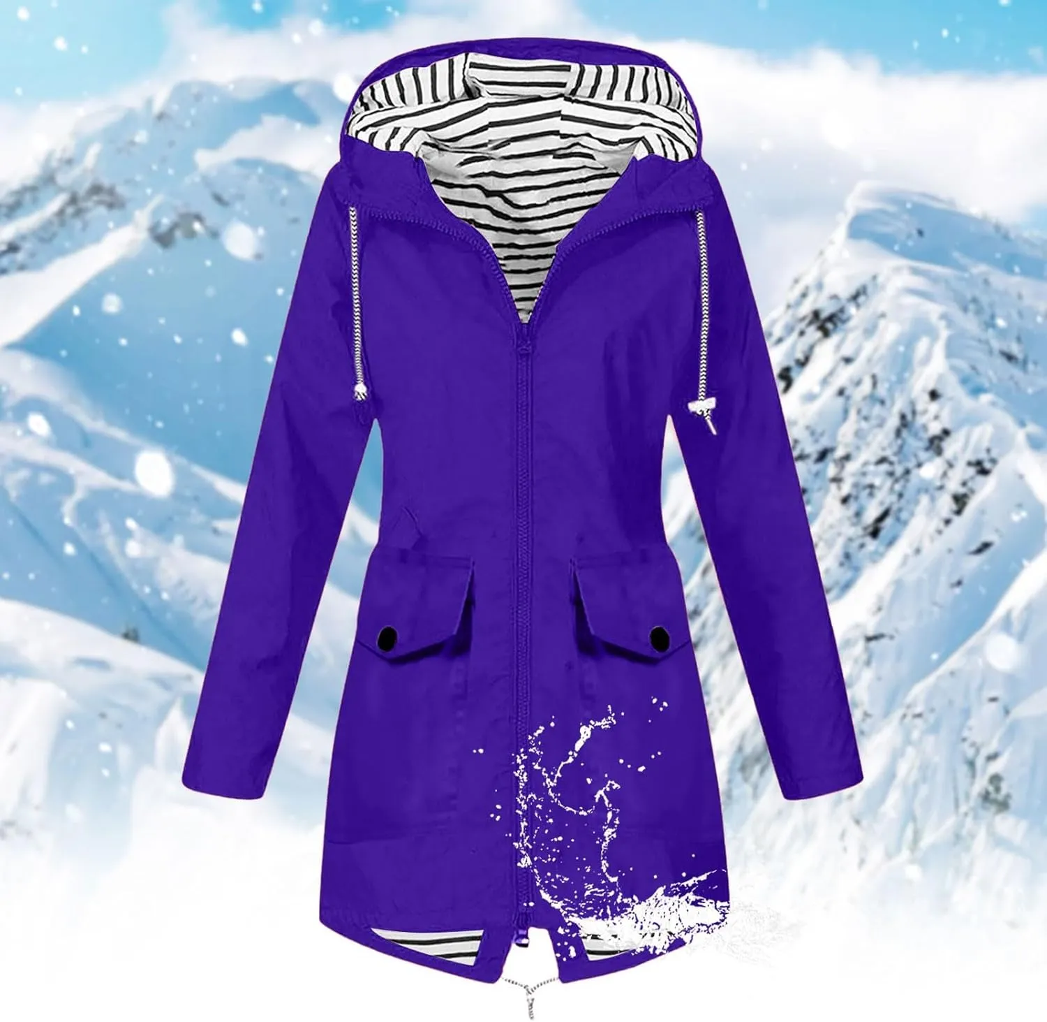 Womens Jackets Long Sleeve Mid-Length Full Zip Casual Hooded Jacket Waterproof Windproof Outdoor Coats with Pockets