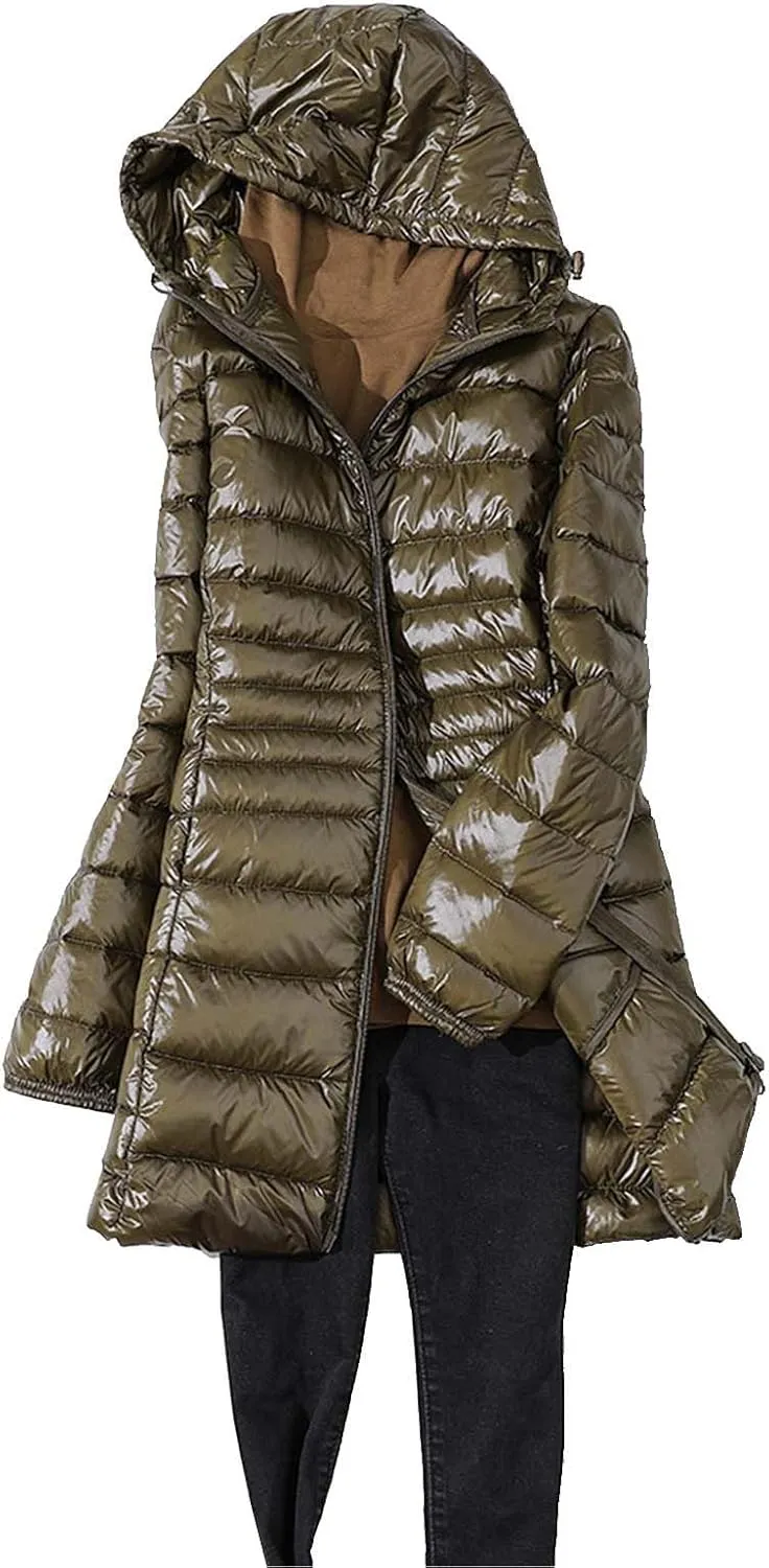 Women's Lightweight Down Jackets Hooded Drawstring Packable Puffer Jacket Windproof Warm Long Puffer 2024 Winter Coat