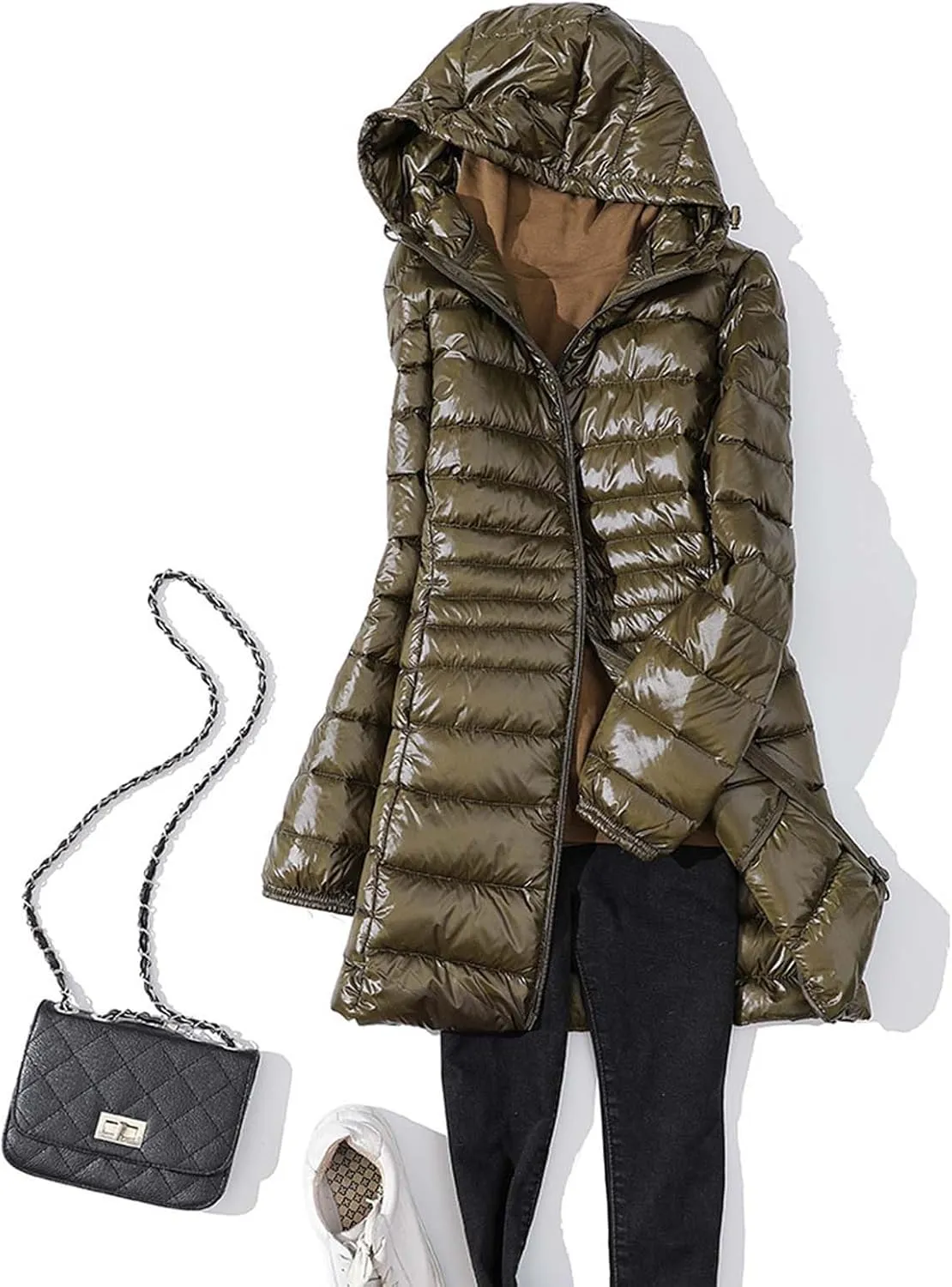 Women's Lightweight Down Jackets Hooded Drawstring Packable Puffer Jacket Windproof Warm Long Puffer 2024 Winter Coat