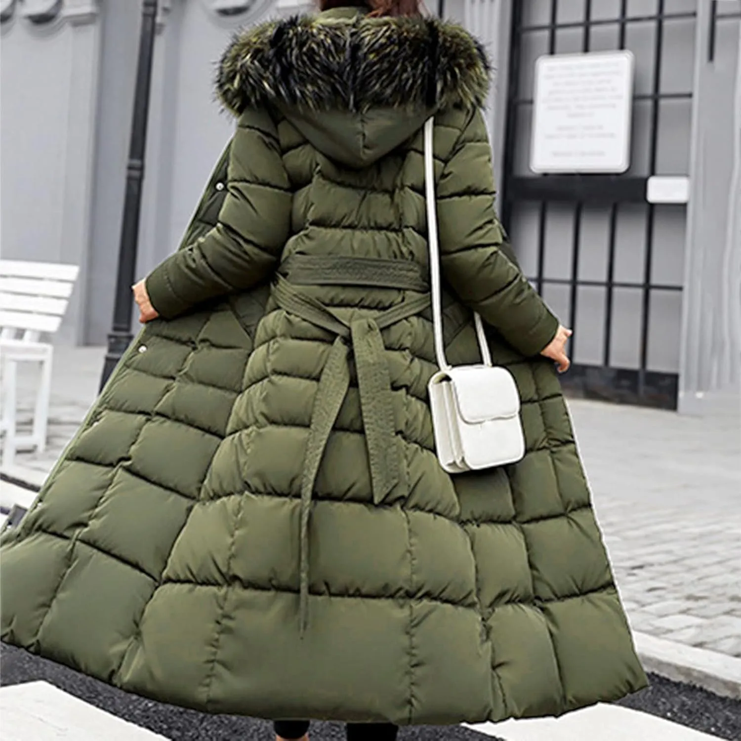Women's Long Puffer Coat Plus Size Winter Padded Down Jacket with Belt Plush Hooded Fluffy Warm Maxi Quilted Jackets