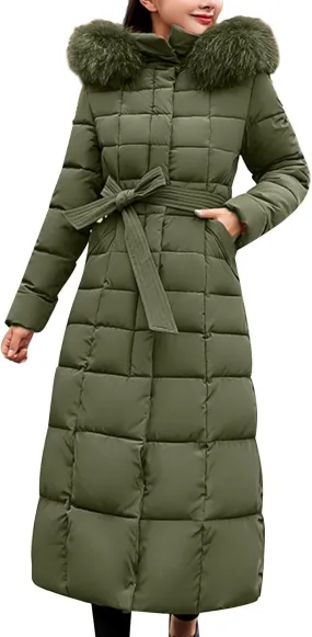 Women's Long Puffer Coat Plus Size Winter Padded Down Jacket with Belt Plush Hooded Fluffy Warm Maxi Quilted Jackets