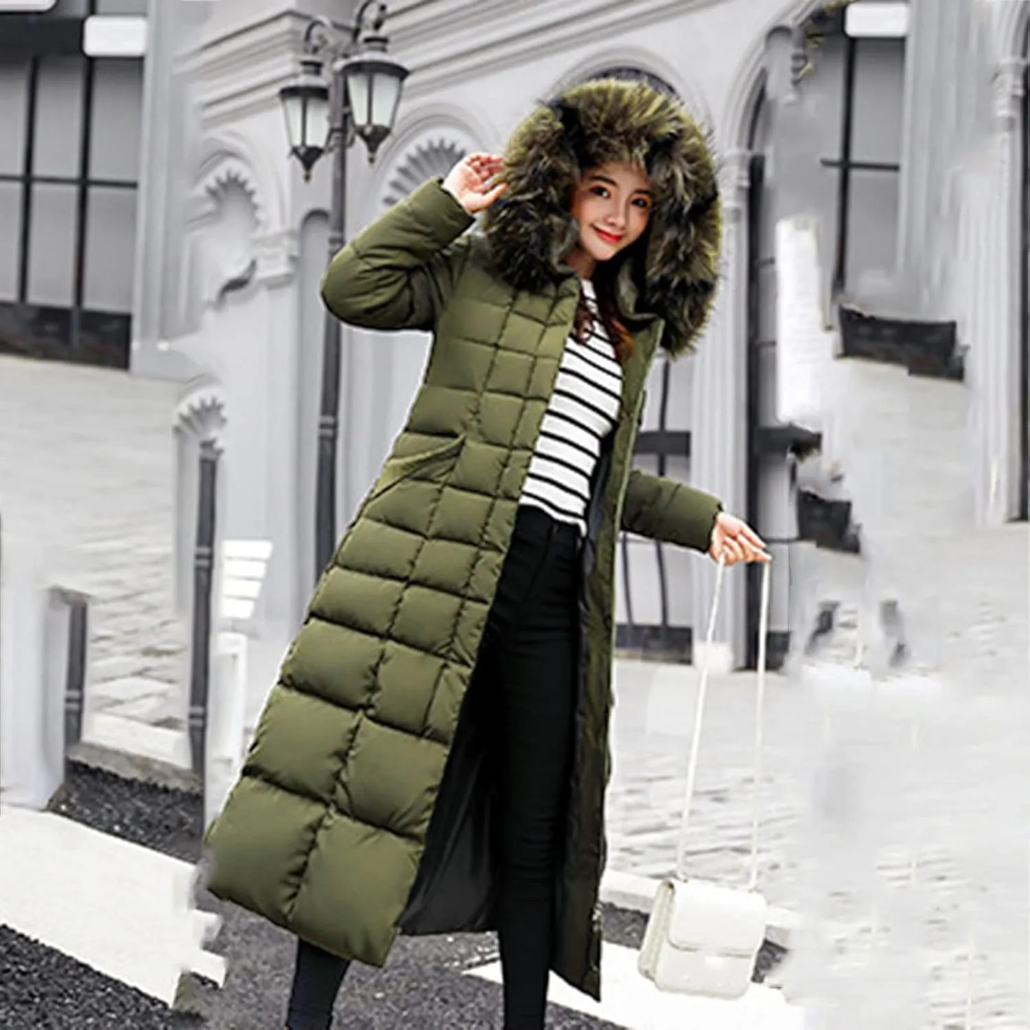 Women's Long Puffer Coat Plus Size Winter Padded Down Jacket with Belt Plush Hooded Fluffy Warm Maxi Quilted Jackets