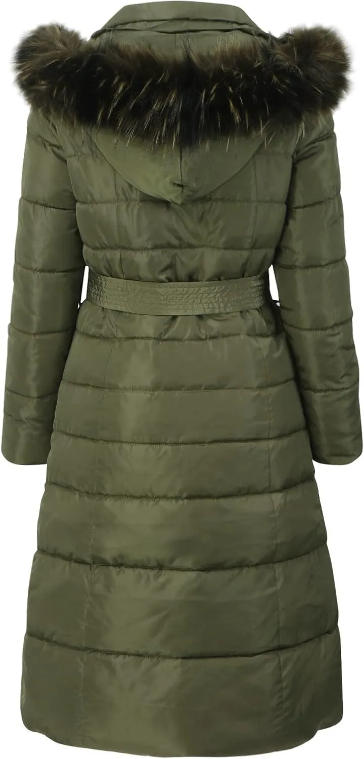 Women's Long Puffer Coat Plus Size Winter Padded Down Jacket with Belt Plush Hooded Fluffy Warm Maxi Quilted Jackets