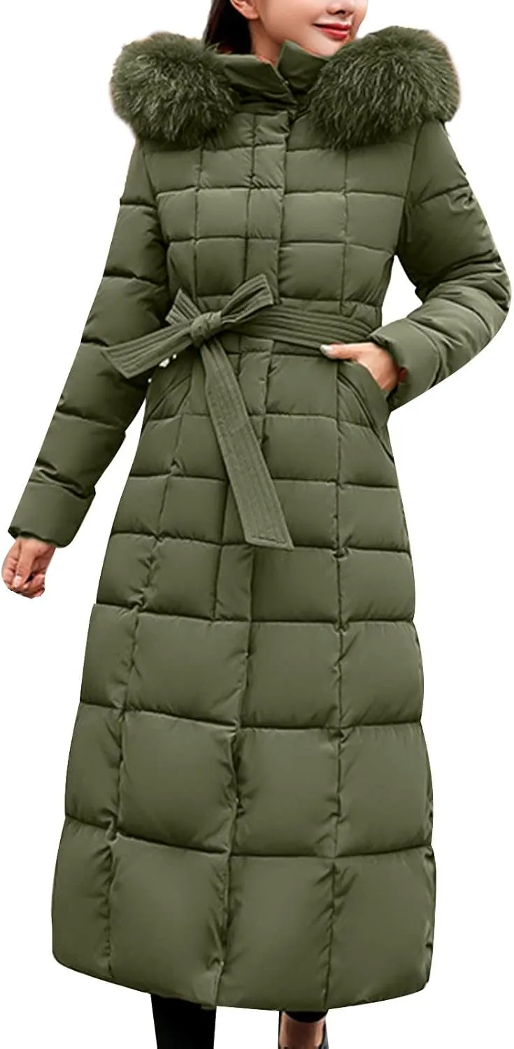 Women's Long Puffer Coat Plus Size Winter Padded Down Jacket with Belt Plush Hooded Fluffy Warm Maxi Quilted Jackets