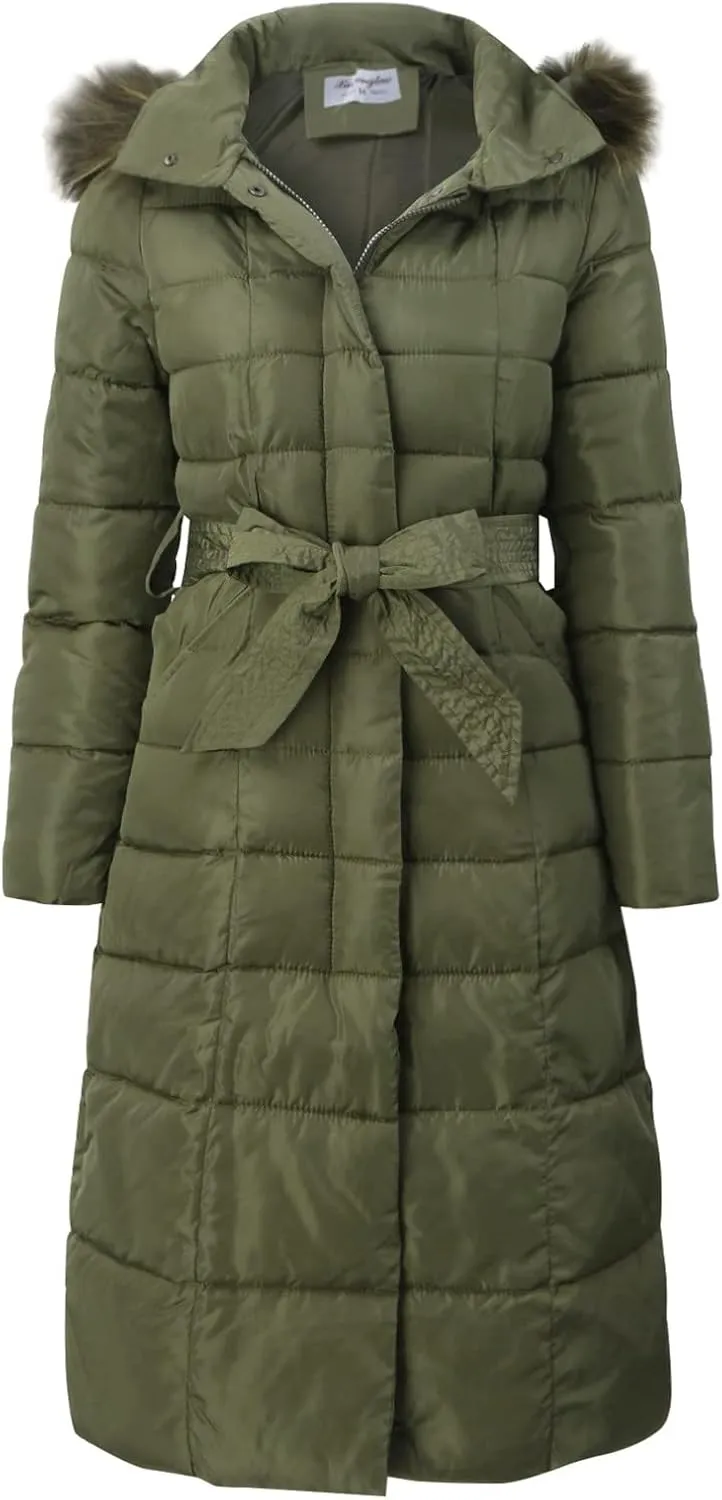 Women's Long Puffer Coat Plus Size Winter Padded Down Jacket with Belt Plush Hooded Fluffy Warm Maxi Quilted Jackets