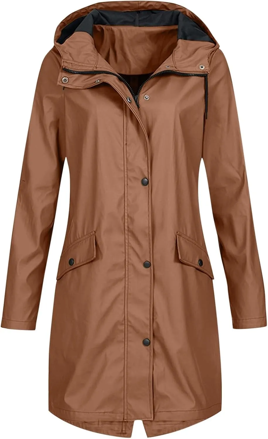Women's Long Raincoat Jacket Solid Color Zipper Down Windproof Hooded Jackets Outdoor Lightweight Oversized Coats