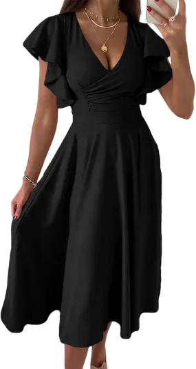Women's Midi Dresses Warp V Neck Ruffle Short Sleeve A Line Swing Dress Wedding Guest Dresses Cocktail Party Dress