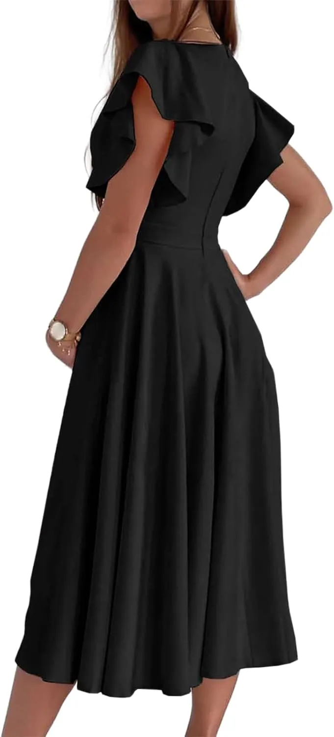 Women's Midi Dresses Warp V Neck Ruffle Short Sleeve A Line Swing Dress Wedding Guest Dresses Cocktail Party Dress