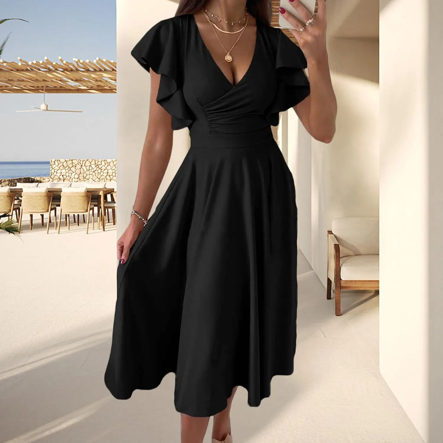 Women's Midi Dresses Warp V Neck Ruffle Short Sleeve A Line Swing Dress Wedding Guest Dresses Cocktail Party Dress