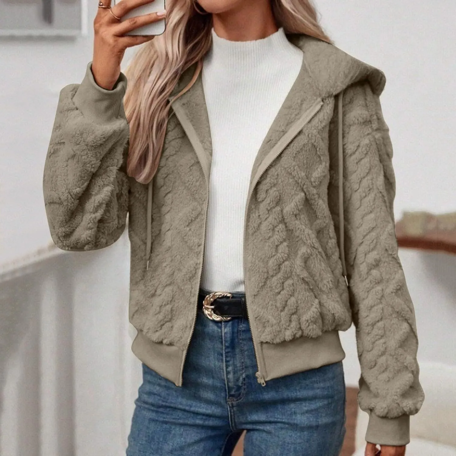 Womens Plush Pullover Jacket Solid Color Full Zip Hooded Sweatshirts Lightweight Loose Stand Collar Fleece Jackets
