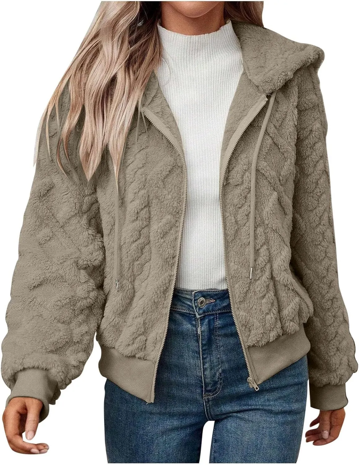 Womens Plush Pullover Jacket Solid Color Full Zip Hooded Sweatshirts Lightweight Loose Stand Collar Fleece Jackets