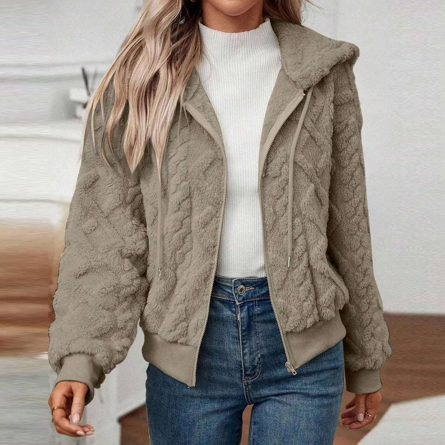 Womens Plush Pullover Jacket Solid Color Full Zip Hooded Sweatshirts Lightweight Loose Stand Collar Fleece Jackets