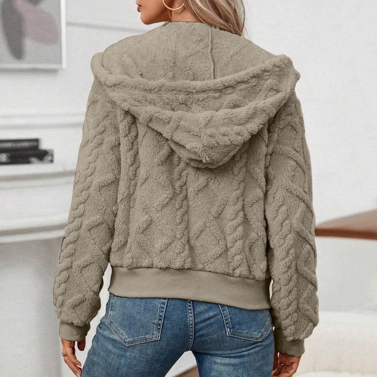 Womens Plush Pullover Jacket Solid Color Full Zip Hooded Sweatshirts Lightweight Loose Stand Collar Fleece Jackets
