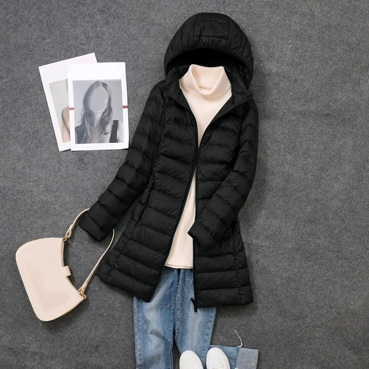 Womens Puffer Coat Lightweight Long Down Jacket Winter Warm Packable Hooded Jacket Short Duck Down Coat Outwear